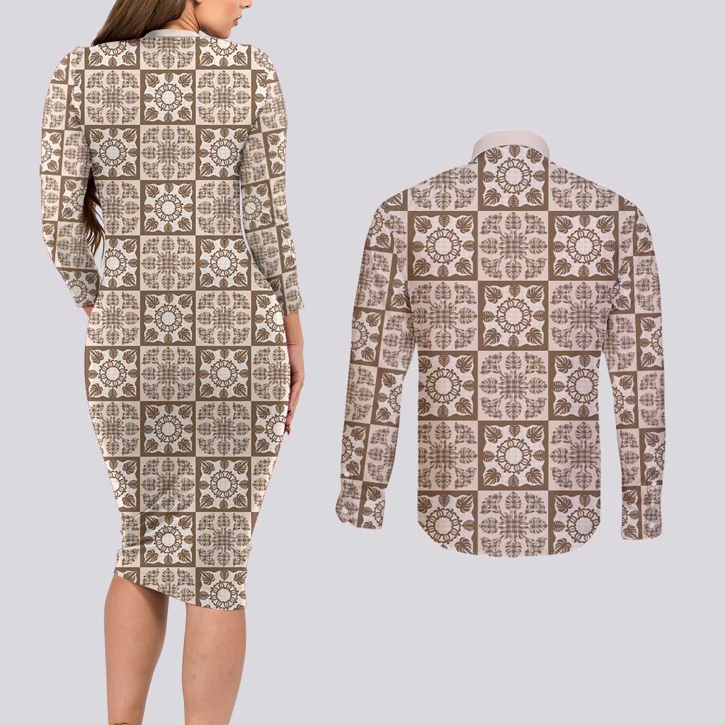 Beige Palaka Quilt Hawaii Couples Matching Long Sleeve Bodycon Dress and Long Sleeve Button Shirt Hawaiian Tropical Monstera Sea Turtle LT14 - Polynesian Pride