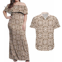 Beige Palaka Quilt Hawaii Couples Matching Off Shoulder Maxi Dress and Hawaiian Shirt Hawaiian Tropical Monstera Sea Turtle LT14 Beige - Polynesian Pride