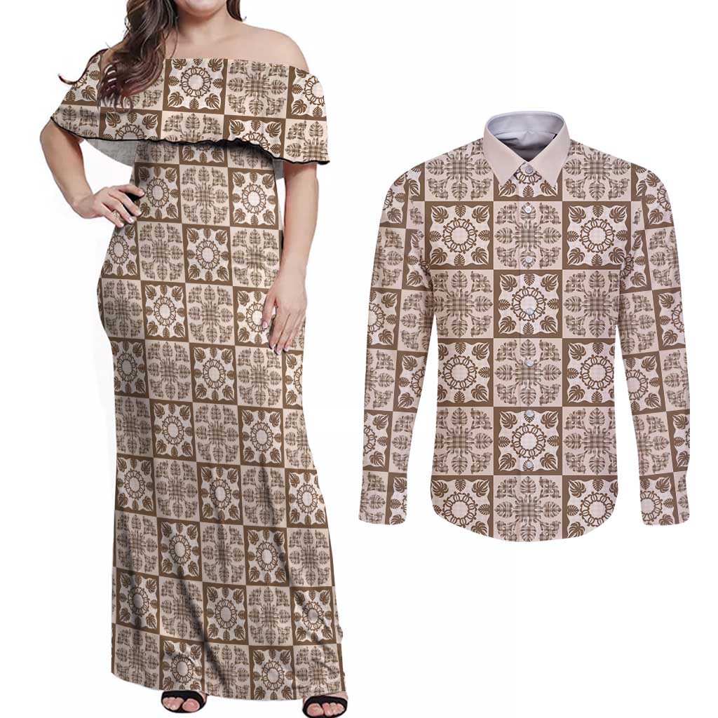 Beige Palaka Quilt Hawaii Couples Matching Off Shoulder Maxi Dress and Long Sleeve Button Shirt Hawaiian Tropical Monstera Sea Turtle LT14 Beige - Polynesian Pride