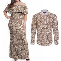 Beige Palaka Quilt Hawaii Couples Matching Off Shoulder Maxi Dress and Long Sleeve Button Shirt Hawaiian Tropical Monstera Sea Turtle LT14 Beige - Polynesian Pride