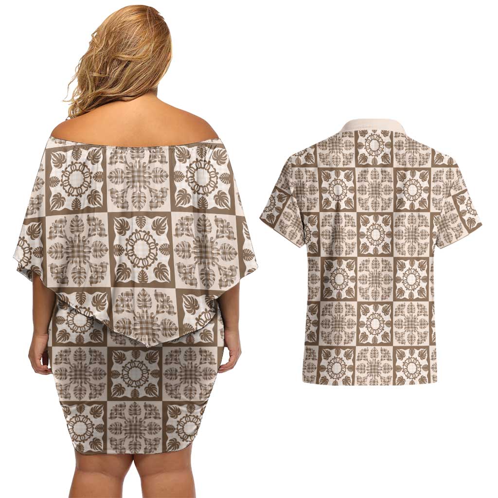 Beige Palaka Quilt Hawaii Couples Matching Off Shoulder Short Dress and Hawaiian Shirt Hawaiian Tropical Monstera Sea Turtle LT14 - Polynesian Pride