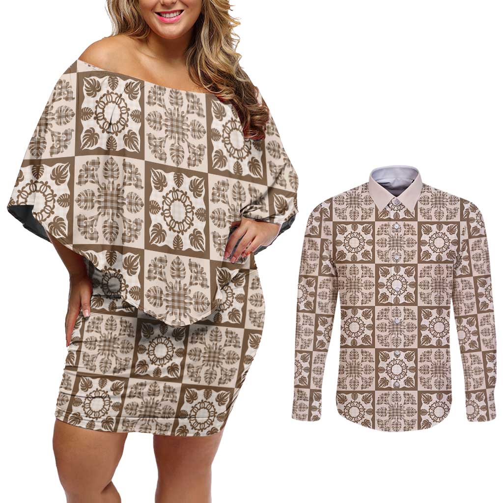 Beige Palaka Quilt Hawaii Couples Matching Off Shoulder Short Dress and Long Sleeve Button Shirt Hawaiian Tropical Monstera Sea Turtle LT14 Beige - Polynesian Pride