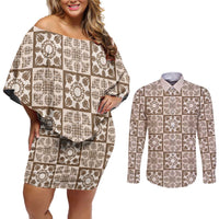 Beige Palaka Quilt Hawaii Couples Matching Off Shoulder Short Dress and Long Sleeve Button Shirt Hawaiian Tropical Monstera Sea Turtle LT14 Beige - Polynesian Pride
