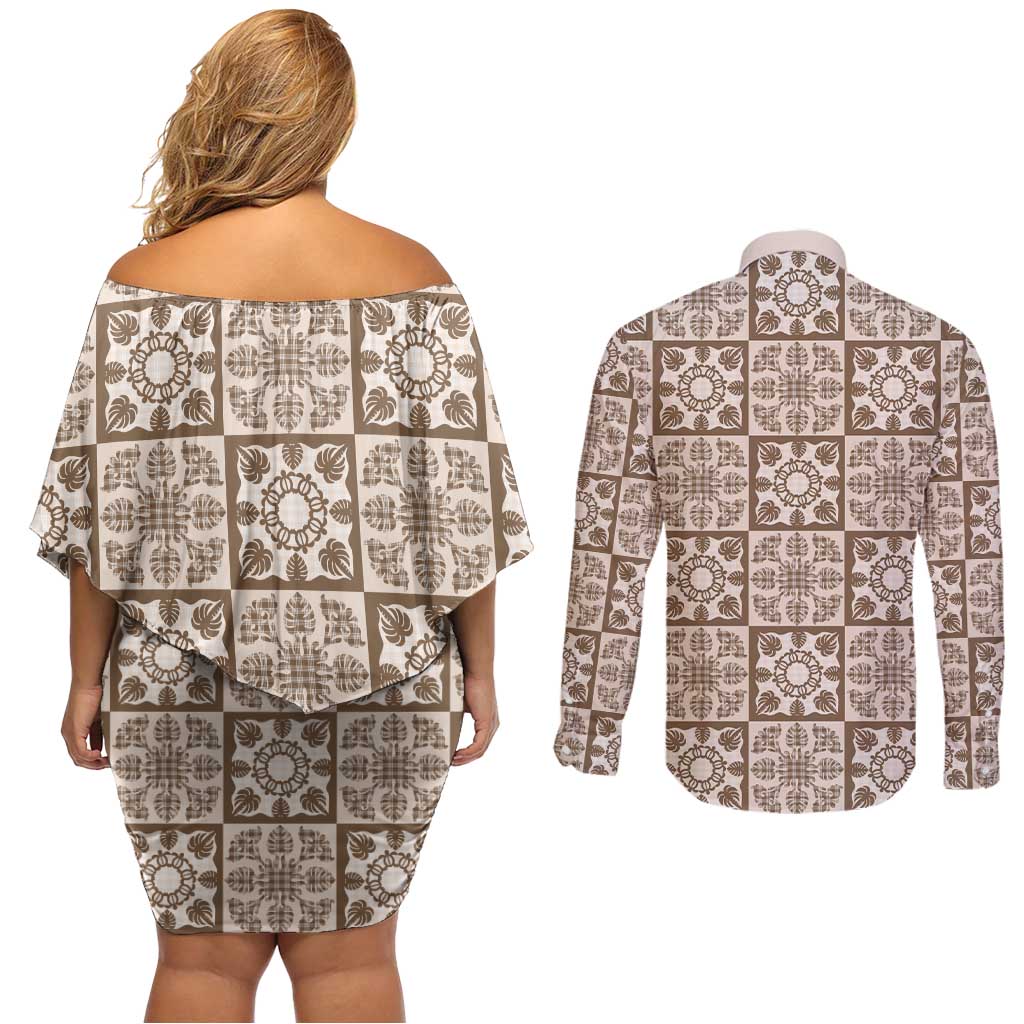 Beige Palaka Quilt Hawaii Couples Matching Off Shoulder Short Dress and Long Sleeve Button Shirt Hawaiian Tropical Monstera Sea Turtle LT14 - Polynesian Pride
