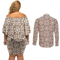 Beige Palaka Quilt Hawaii Couples Matching Off Shoulder Short Dress and Long Sleeve Button Shirt Hawaiian Tropical Monstera Sea Turtle LT14 - Polynesian Pride