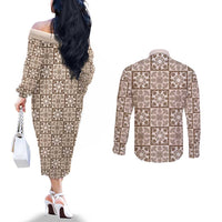 Beige Palaka Quilt Hawaii Couples Matching Off The Shoulder Long Sleeve Dress and Long Sleeve Button Shirt Hawaiian Tropical Monstera Sea Turtle LT14 - Polynesian Pride