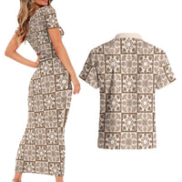 Beige Palaka Quilt Hawaii Couples Matching Short Sleeve Bodycon Dress and Hawaiian Shirt Hawaiian Tropical Monstera Sea Turtle LT14 - Polynesian Pride