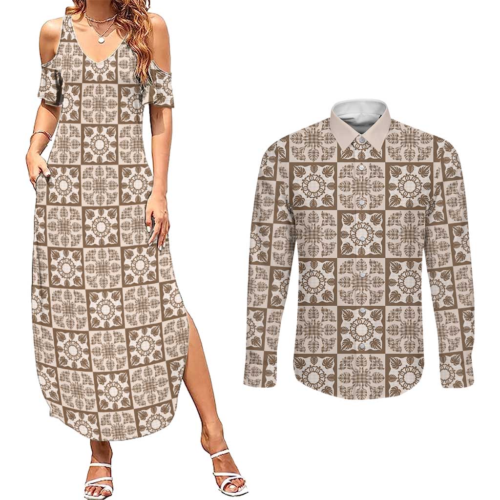 Beige Palaka Quilt Hawaii Couples Matching Summer Maxi Dress and Long Sleeve Button Shirt Hawaiian Tropical Monstera Sea Turtle LT14 Beige - Polynesian Pride
