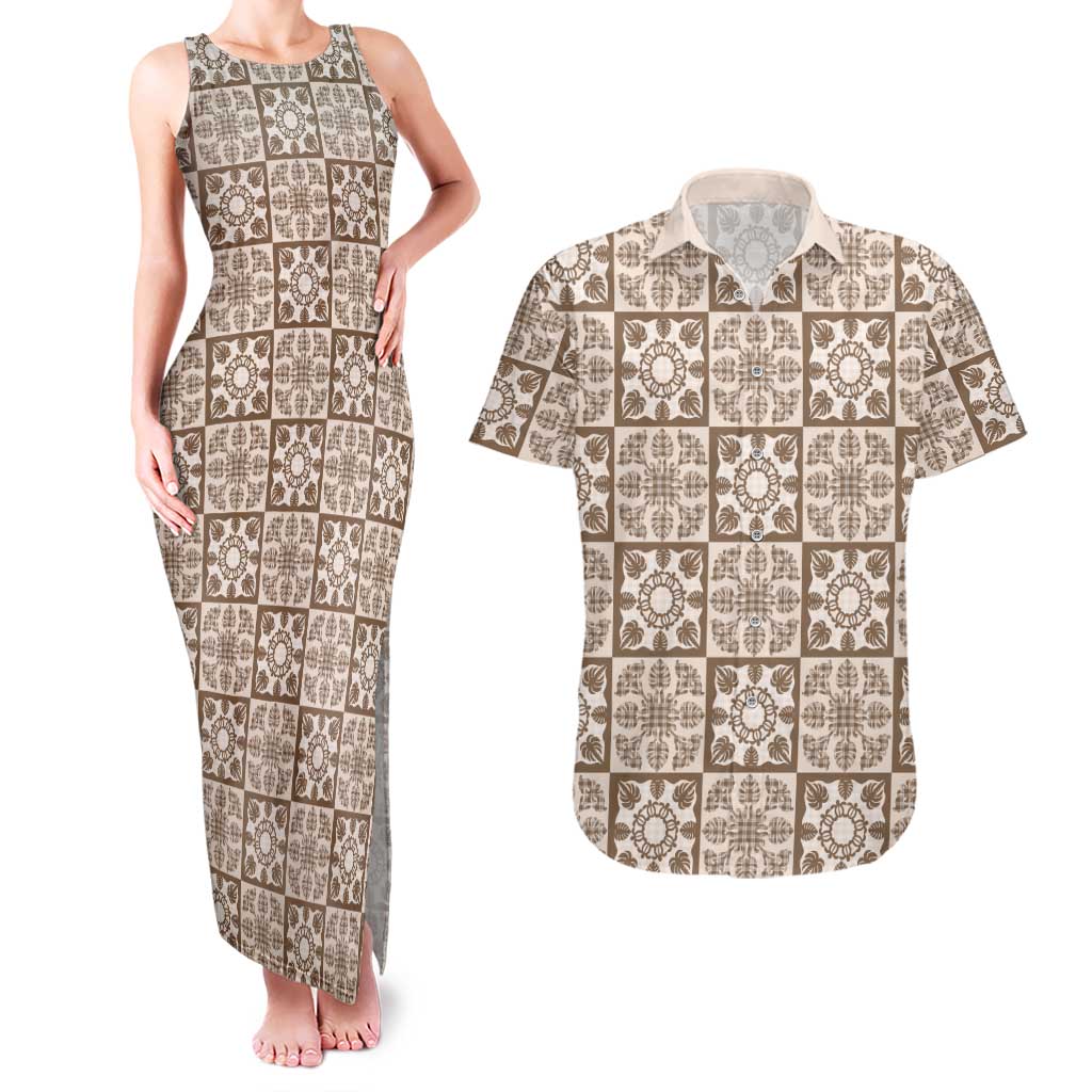 Beige Palaka Quilt Hawaii Couples Matching Tank Maxi Dress and Hawaiian Shirt Hawaiian Tropical Monstera Sea Turtle