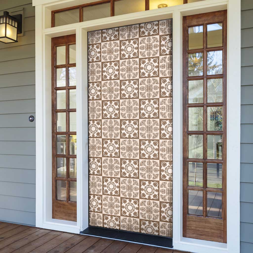 Beige Palaka Quilt Hawaii Door Cover Hawaiian Tropical Monstera Sea Turtle