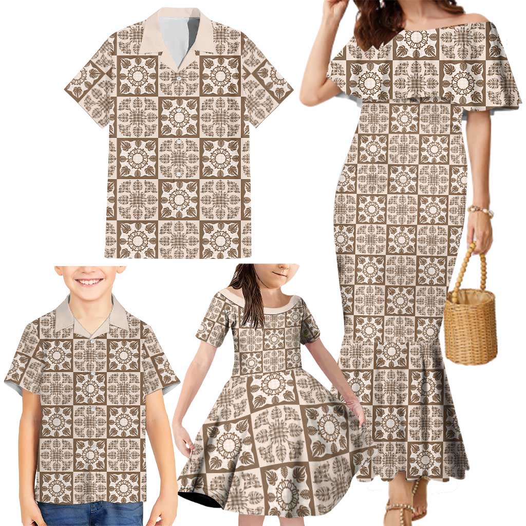 Beige Palaka Quilt Hawaii Family Matching Mermaid Dress and Hawaiian Shirt Hawaiian Tropical Monstera Sea Turtle LT14 - Polynesian Pride