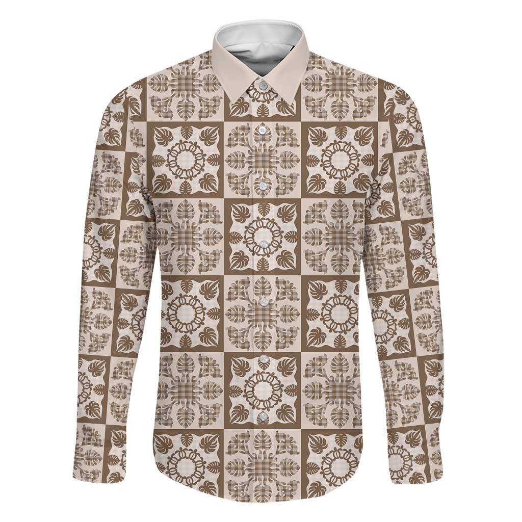Beige Palaka Quilt Hawaii Family Matching Mermaid Dress and Hawaiian Shirt Hawaiian Tropical Monstera Sea Turtle LT14 Dad's Shirt - Long Sleeve Beige - Polynesian Pride