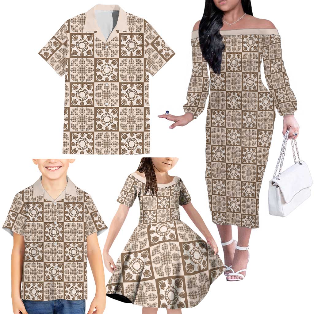 Beige Palaka Quilt Hawaii Family Matching Off The Shoulder Long Sleeve Dress and Hawaiian Shirt Hawaiian Tropical Monstera Sea Turtle LT14 - Polynesian Pride