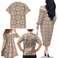 Beige Palaka Quilt Hawaii Family Matching Off The Shoulder Long Sleeve Dress and Hawaiian Shirt Hawaiian Tropical Monstera Sea Turtle LT14 - Polynesian Pride