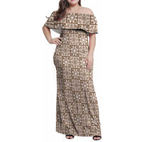 Beige Palaka Quilt Hawaii Family Matching Off Shoulder Maxi Dress and Hawaiian Shirt Hawaiian Tropical Monstera Sea Turtle LT14 Mom's Dress Beige - Polynesian Pride