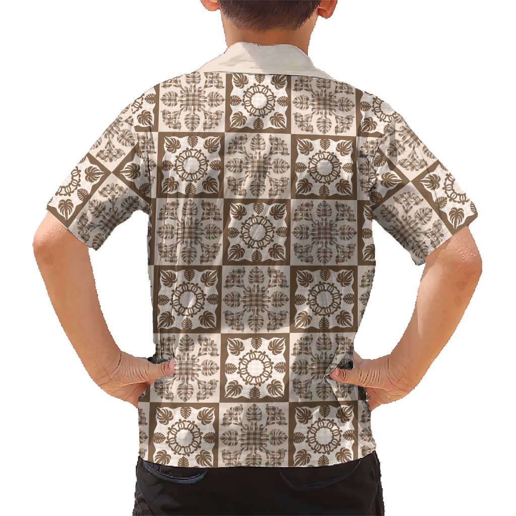 Beige Palaka Quilt Hawaii Family Matching Off Shoulder Short Dress and Hawaiian Shirt Hawaiian Tropical Monstera Sea Turtle LT14 - Polynesian Pride