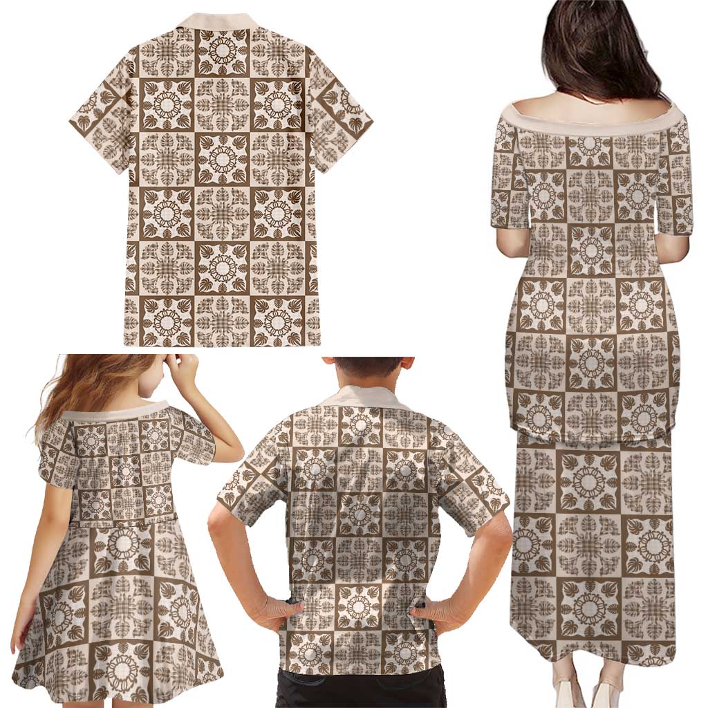 Beige Palaka Quilt Hawaii Family Matching Puletasi and Hawaiian Shirt Hawaiian Tropical Monstera Sea Turtle LT14 - Polynesian Pride
