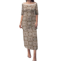 Beige Palaka Quilt Hawaii Family Matching Puletasi and Hawaiian Shirt Hawaiian Tropical Monstera Sea Turtle LT14 Mom's Dress Beige - Polynesian Pride