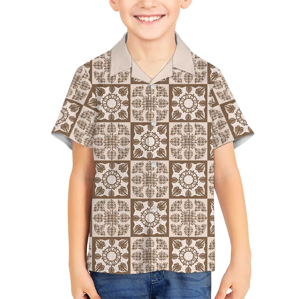 Beige Palaka Quilt Hawaii Family Matching Summer Maxi Dress and Hawaiian Shirt Hawaiian Tropical Monstera Sea Turtle LT14 Son's Shirt Beige - Polynesian Pride