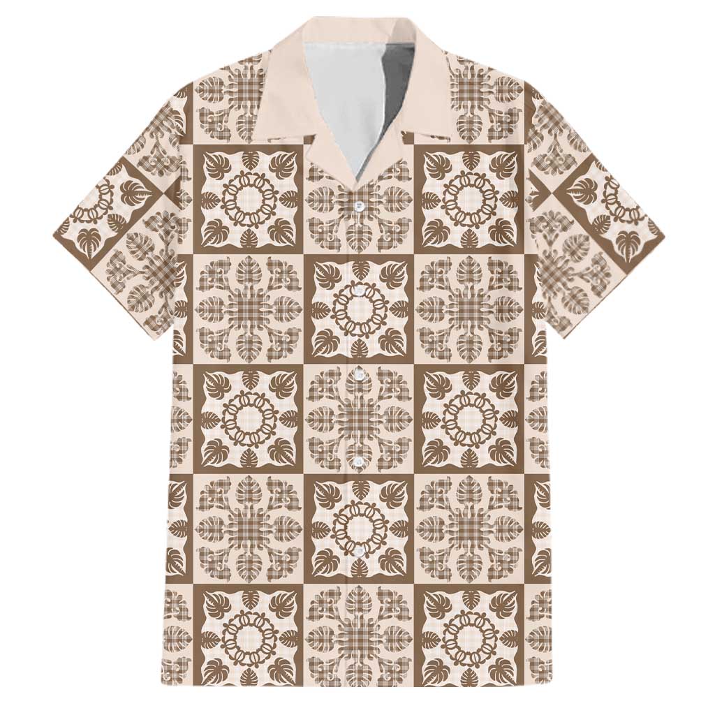 Beige Palaka Quilt Hawaii Family Matching Tank Maxi Dress and Hawaiian Shirt Hawaiian Tropical Monstera Sea Turtle LT14 Dad's Shirt - Short Sleeve Beige - Polynesian Pride