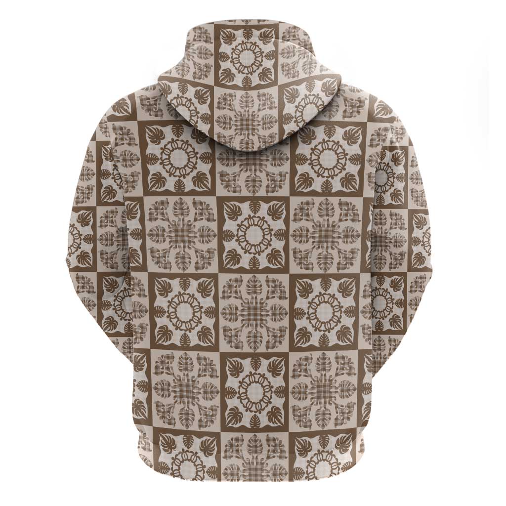 Beige Palaka Quilt Hawaii Hoodie Hawaiian Tropical Monstera Sea Turtle