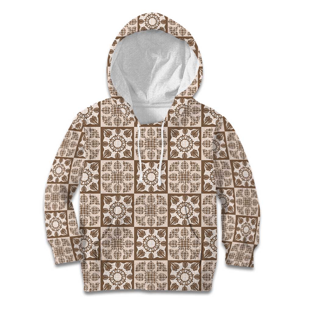 Beige Palaka Quilt Hawaii Kid Hoodie Hawaiian Tropical Monstera Sea Turtle