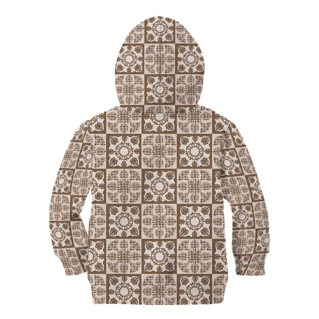 Beige Palaka Quilt Hawaii Kid Hoodie Hawaiian Tropical Monstera Sea Turtle