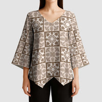 Beige Palaka Quilt Hawaii Kimono Sleeve Blouse Hawaiian Tropical Monstera Sea Turtle