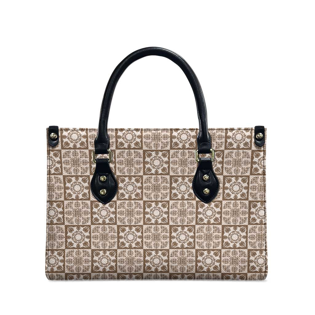 Beige Palaka Quilt Hawaii Leather Bag Hawaiian Tropical Monstera Sea Turtle