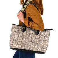 Beige Palaka Quilt Hawaii Leather Tote Bag Hawaiian Tropical Monstera Sea Turtle
