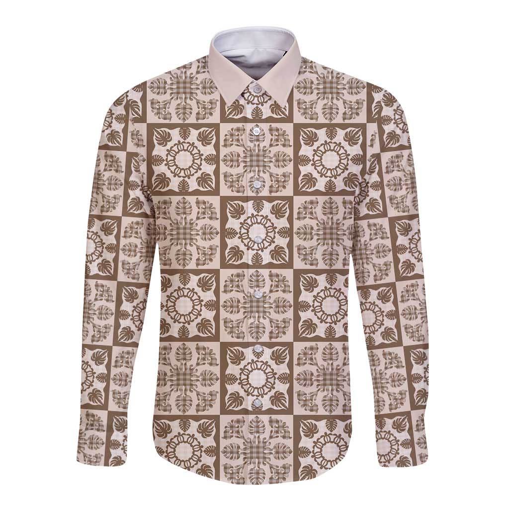 Beige Palaka Quilt Hawaii Long Sleeve Button Shirt Hawaiian Tropical Monstera Sea Turtle LT14 Unisex Beige - Polynesian Pride