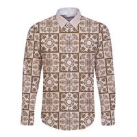 Beige Palaka Quilt Hawaii Long Sleeve Button Shirt Hawaiian Tropical Monstera Sea Turtle LT14 Unisex Beige - Polynesian Pride