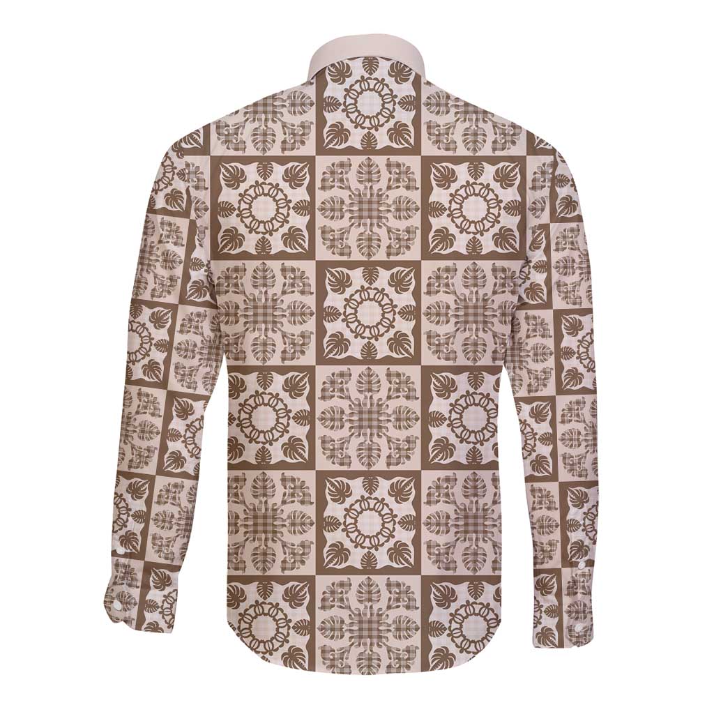 Beige Palaka Quilt Hawaii Long Sleeve Button Shirt Hawaiian Tropical Monstera Sea Turtle LT14 - Polynesian Pride