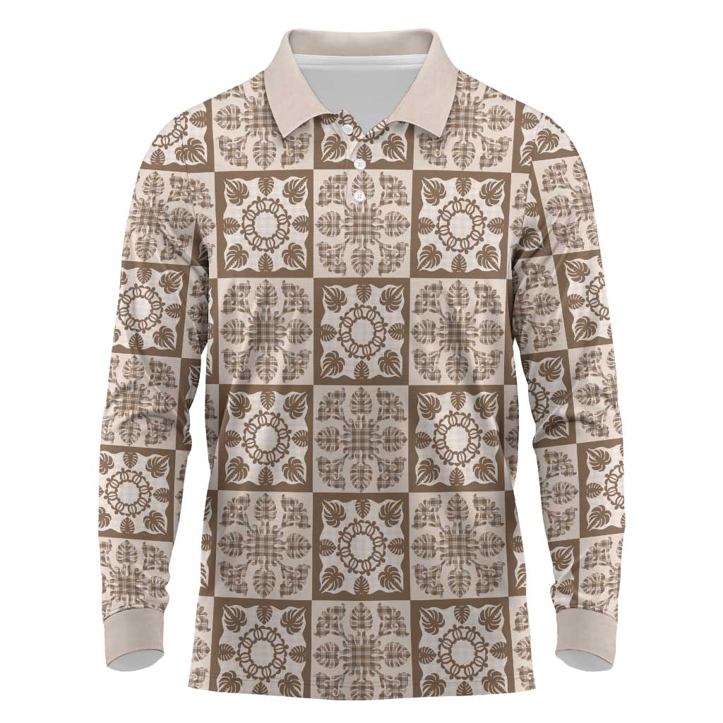Beige Palaka Quilt Hawaii Long Sleeve Polo Shirt Hawaiian Tropical Monstera Sea Turtle