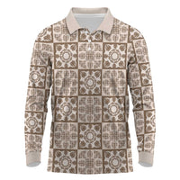 Beige Palaka Quilt Hawaii Long Sleeve Polo Shirt Hawaiian Tropical Monstera Sea Turtle LT14 Beige - Polynesian Pride