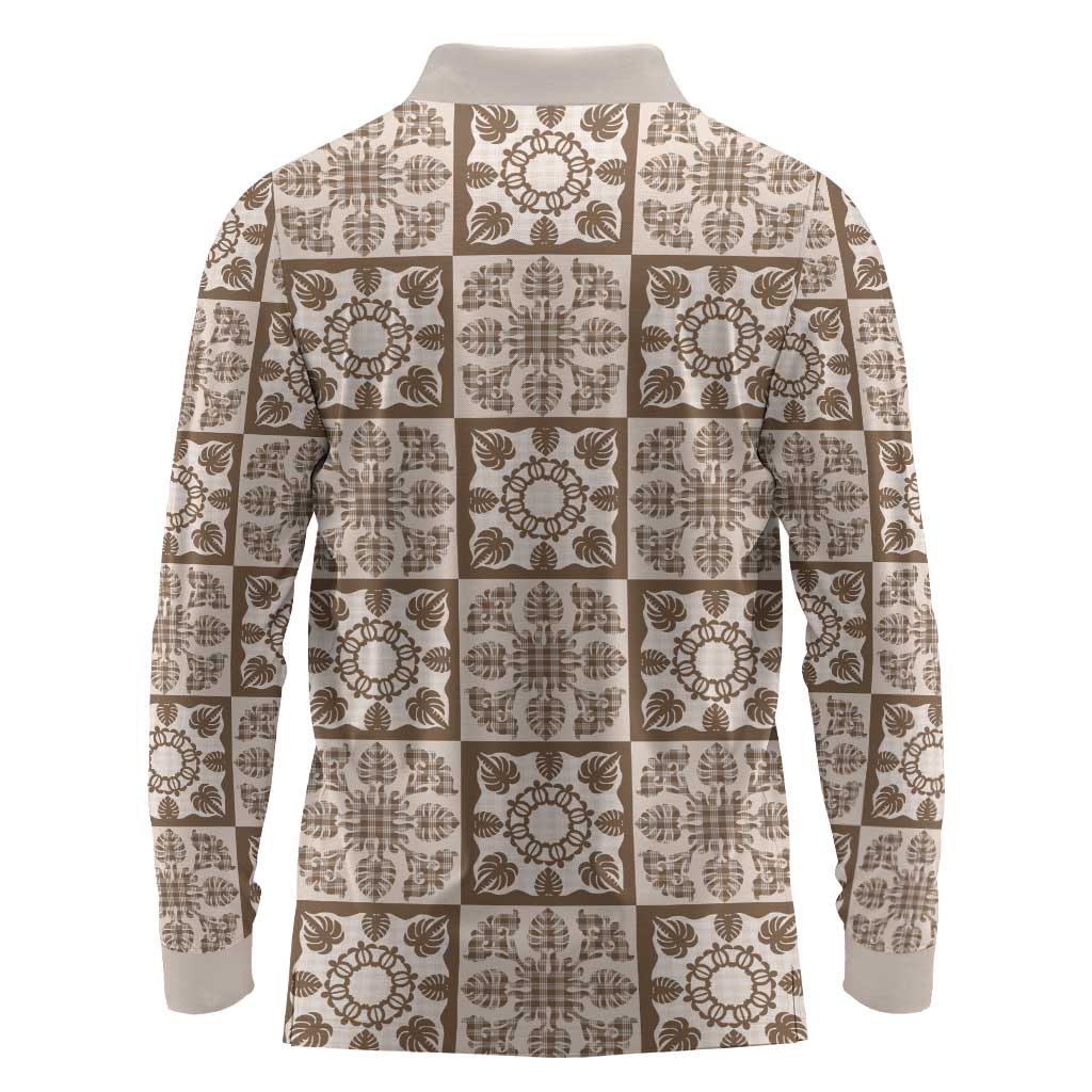Beige Palaka Quilt Hawaii Long Sleeve Polo Shirt Hawaiian Tropical Monstera Sea Turtle LT14 - Polynesian Pride