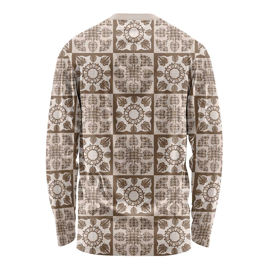 Beige Palaka Quilt Hawaii Long Sleeve Shirt Hawaiian Tropical Monstera Sea Turtle LT14 - Polynesian Pride