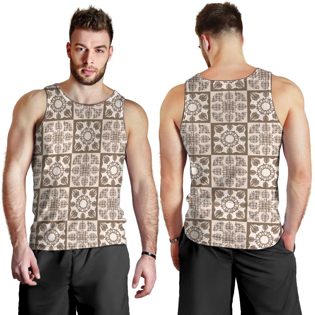 Beige Palaka Quilt Hawaii Men Tank Top Hawaiian Tropical Monstera Sea Turtle