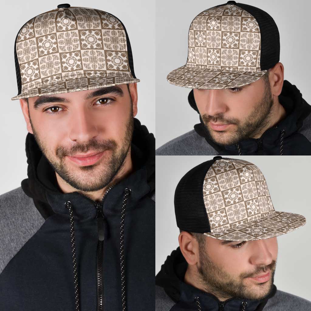 Beige Palaka Quilt Hawaii Mesh Trucker Cap Hawaiian Tropical Monstera Sea Turtle