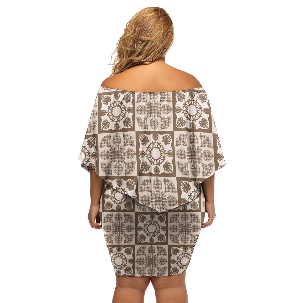 Beige Palaka Quilt Hawaii Off Shoulder Short Dress Hawaiian Tropical Monstera Sea Turtle
