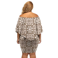 Beige Palaka Quilt Hawaii Off Shoulder Short Dress Hawaiian Tropical Monstera Sea Turtle