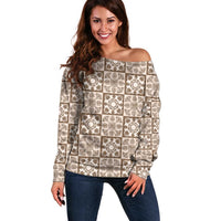 Beige Palaka Quilt Hawaii Off Shoulder Sweater Hawaiian Tropical Monstera Sea Turtle LT14 Women Beige - Polynesian Pride