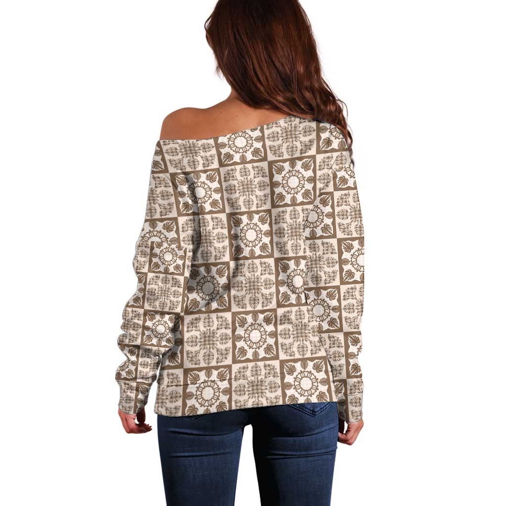 Beige Palaka Quilt Hawaii Off Shoulder Sweater Hawaiian Tropical Monstera Sea Turtle LT14 - Polynesian Pride