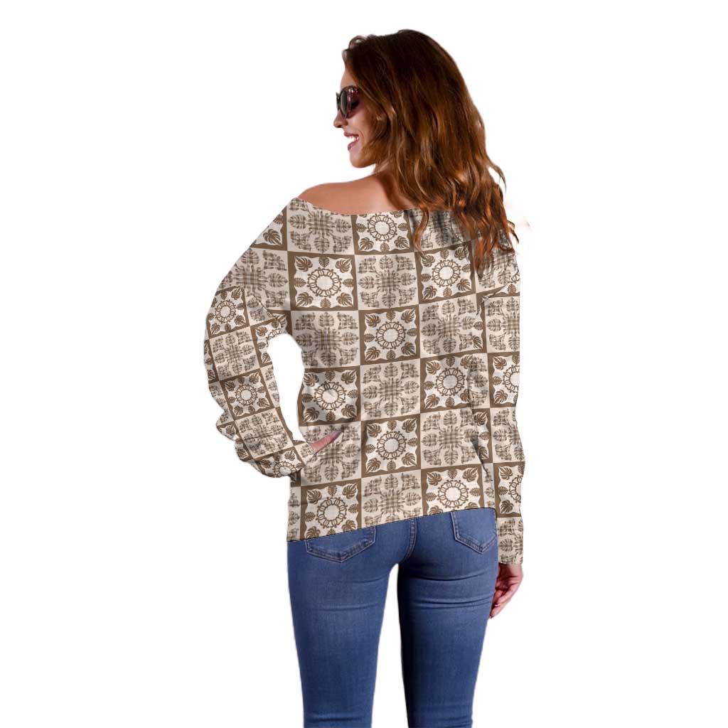 Beige Palaka Quilt Hawaii Off Shoulder Sweater Hawaiian Tropical Monstera Sea Turtle LT14 - Polynesian Pride