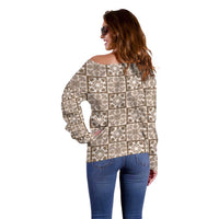 Beige Palaka Quilt Hawaii Off Shoulder Sweater Hawaiian Tropical Monstera Sea Turtle LT14 - Polynesian Pride