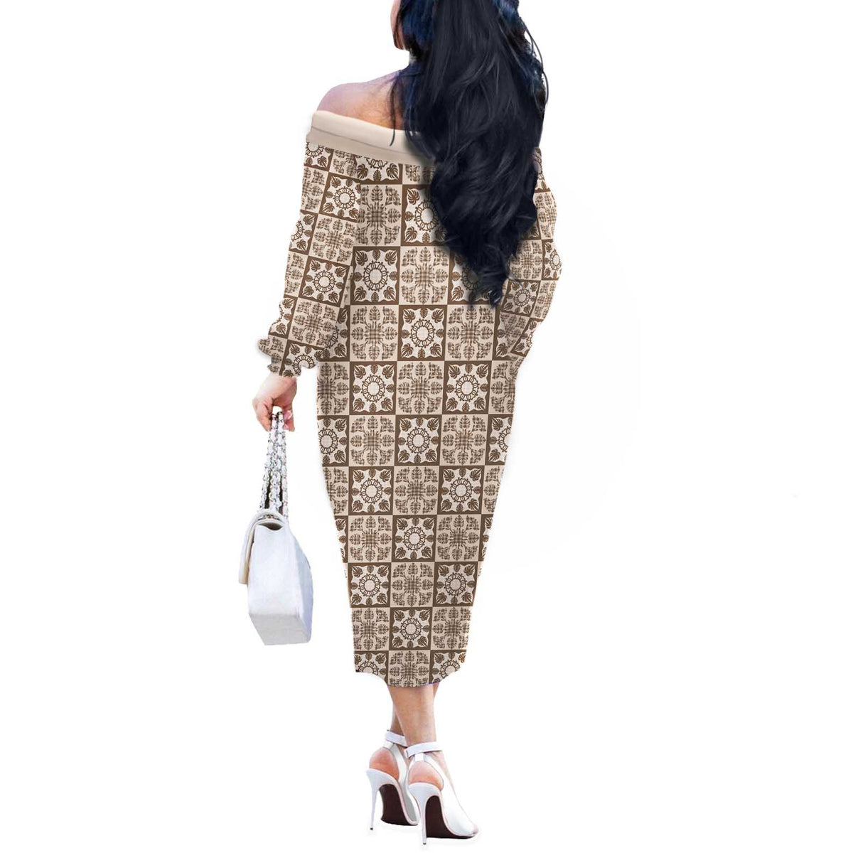 Beige Palaka Quilt Hawaii Off The Shoulder Long Sleeve Dress Hawaiian Tropical Monstera Sea Turtle LT14 - Polynesian Pride