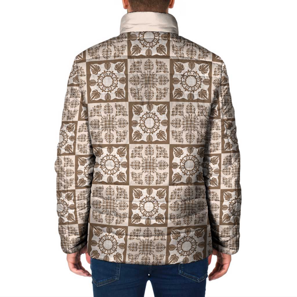 Beige Palaka Quilt Hawaii Padded Jacket Hawaiian Tropical Monstera Sea Turtle
