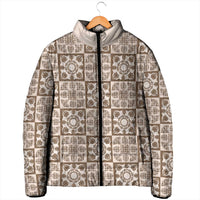 Beige Palaka Quilt Hawaii Padded Jacket Hawaiian Tropical Monstera Sea Turtle