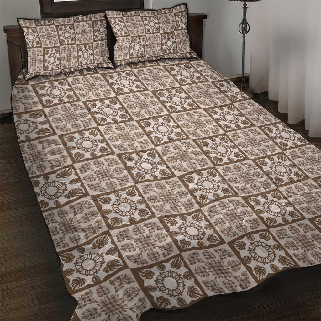 Beige Palaka Quilt Hawaii Quilt Bed Set Hawaiian Tropical Monstera Sea Turtle