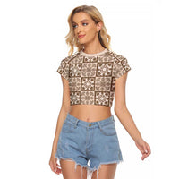 Beige Palaka Quilt Hawaii Raglan Cropped T Shirt Hawaiian Tropical Monstera Sea Turtle